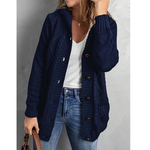 Sherpa Grey Knit Hooded Cardigan Front Pockets Long Sleeves Hip Length Buttoned - Picture 16 of 17